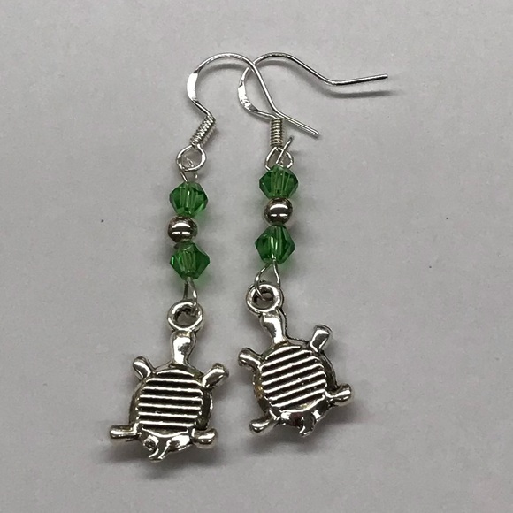 Turtle Charm Dangle Earrings Green Bead Accent - Picture 3 of 3